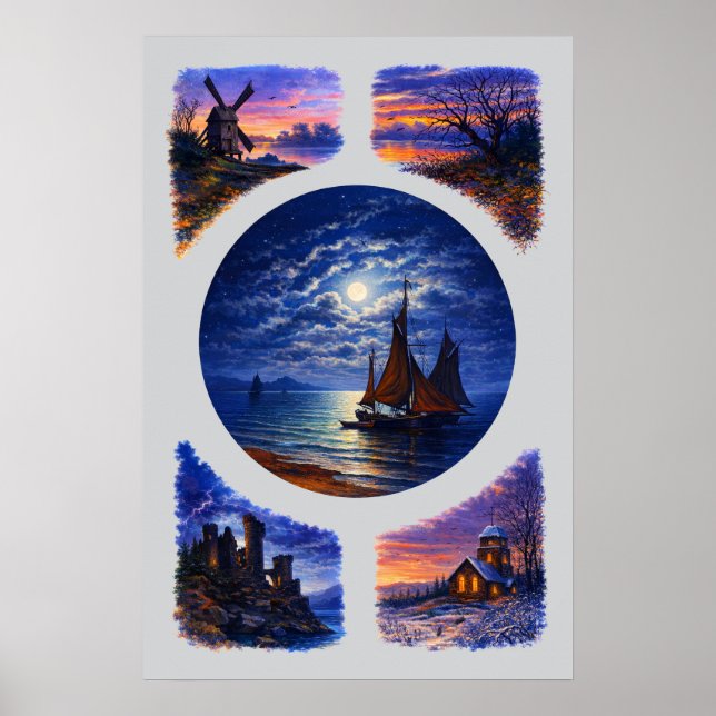 Poster Retro Sunset & Night Landscape Vignettes (Frente)
