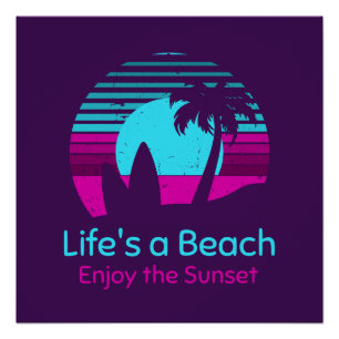 Pôster Retro Sunset Surfboard Palm Tree Life's a Beach