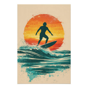 Pôster Retro Sunset Surfer – Cartaz de Arte de Surf Vinta