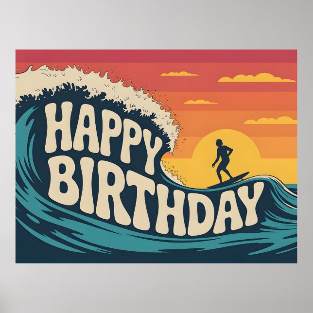 Poster Retro Surf Theme "Happy Birthday" Illustration (Frente)
