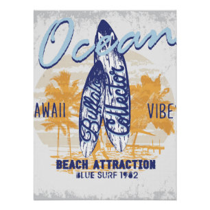 Pôster Retro Surfboard Design Beach