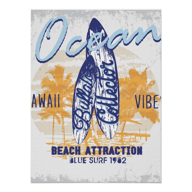 Pôster Retro Surfboard Design Beach (Frente)