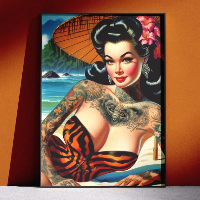 Pôster Retro Tattoo Beach Pin-up (Criador carregado)