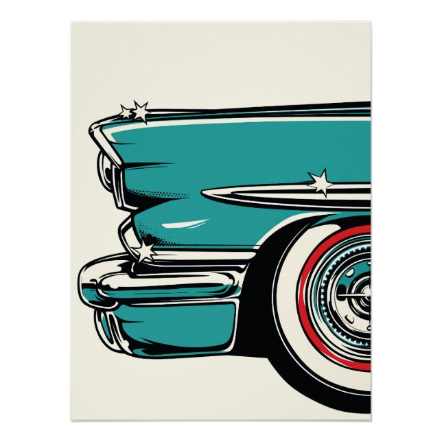 Pôster Retro Teal Sports Car Front Pop Art Illustration (Frente)