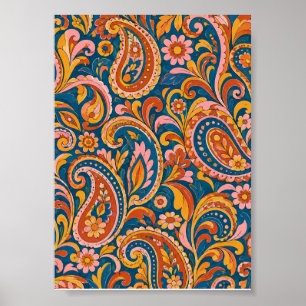 Poster Retro Terracota e Azul Marinho Sem Costura Paisley
