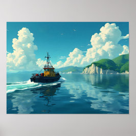 Poster Retro Tugboat Nautical Coastal Landscape Scenic
