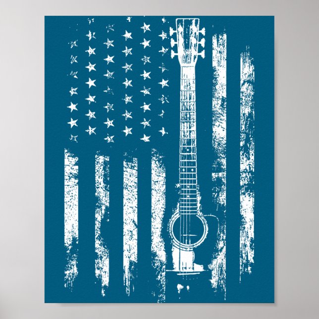 Poster Retro Us Flag Acoustic Guitar Distressed Patriotic (Frente)