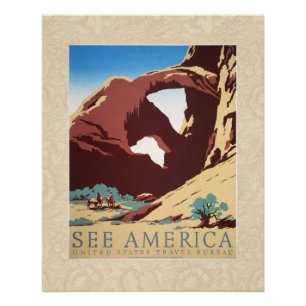 Pôster Retro Veja a América Western Cowboys Deserto Arco 