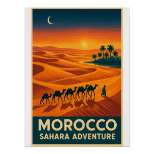Pôster Retro Viagem - Sahara Desert Sunset, Marrocos