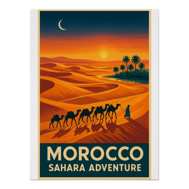 Pôster Retro Viagem - Sahara Desert Sunset, Marrocos (Frente)