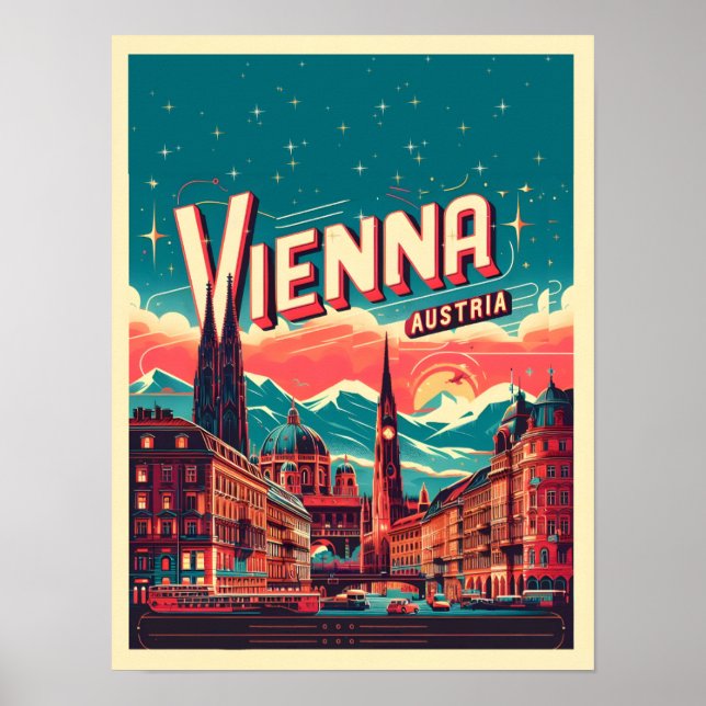 Poster Retro Viena cidade Áustria - presentes no horizont (Frente)