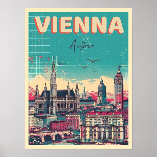 Poster Retro Viena cidade Áustria - presentes no horizont (Frente)