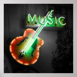 Poster Retro Vintage Bass Guitar Neon Sign em Verde