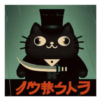 Pôster Retro Vintage Black Cat with Suit and Knife Japan