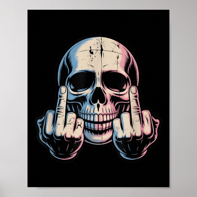 Poster Retro Vintage Crânio Rosto Engraçado Dedo Médio (Frente)