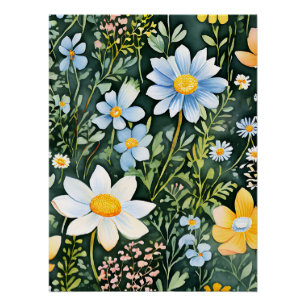Pôster Retro Watercolor Flores Selvagens Padrão Sem Costu