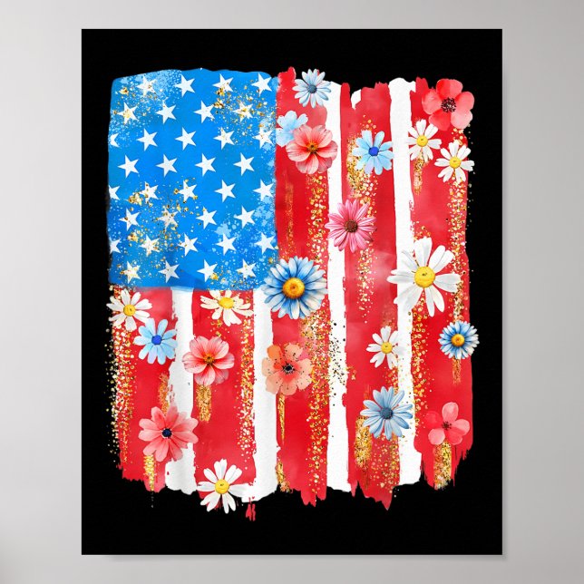 Poster Retro Wildflower American Flag Women 4th Of July P (Frente)