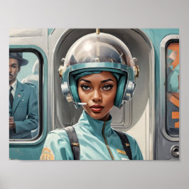 Poster Retrofuturismo dos anos 1950 Mulher negra em capac