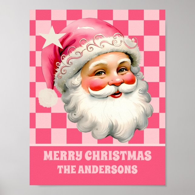 Poster Retron Rosa Papai Noel Rosa Tartan Xadrez Rosa Nat (Frente)
