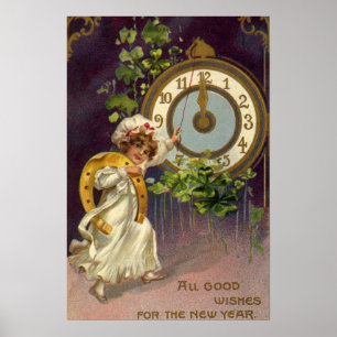 Poster Réveillon do Ano Novo Vitoriano Antigo, Relógio à 