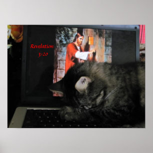 Poster Revelação 3:20 com gato rezando