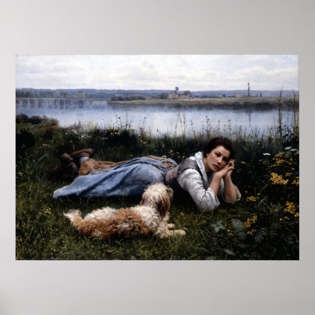 Poster Reverioso (Garota deitada na grama com seu cachorr (Frente)