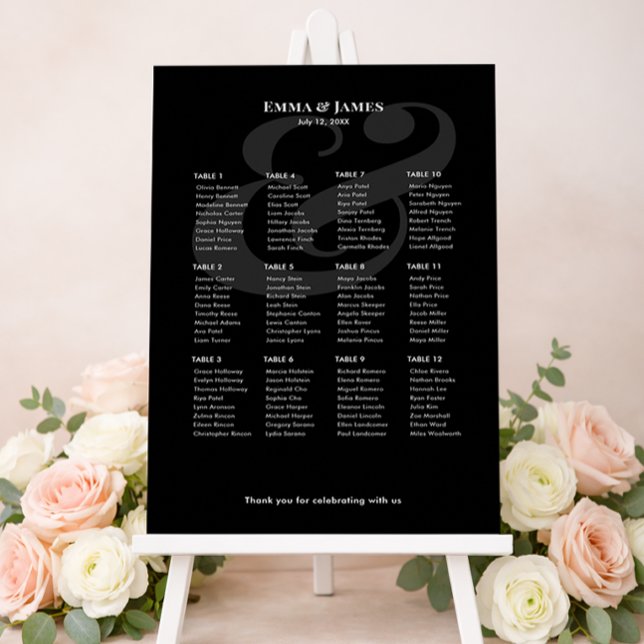 Poster REVERSE Black Ampersand Casamento | Gráfico de Ass (Minimalist black wedding seating chart for 12 with white text and modern ampersand layout.)