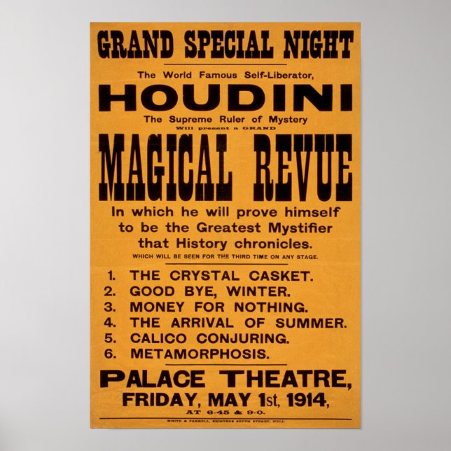 Pôster Revista Mágica de Houdini, 1914. Publicidade Antig (Frente)