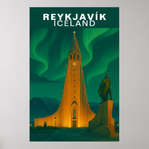 Poster Reykjavík Antigo, Islândia Aurora Boreal