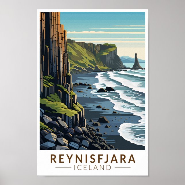 Poster Reynisfjara Beach Islândia Viagem Art Vintage (Frente)