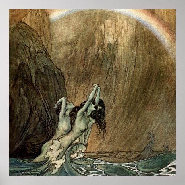Poster Rhinemaiden do "Anel" de Wagner por Arthur Rackham (Frente)