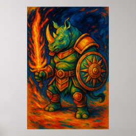 Poster Rhino Warrior Wall Art – Fiery Sword Guardian