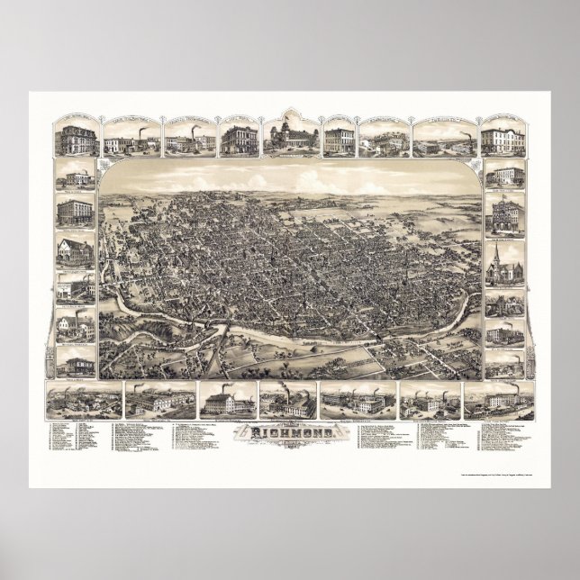 Poster Richmond, NO Mapa Panorâmico - 1884 (Frente)