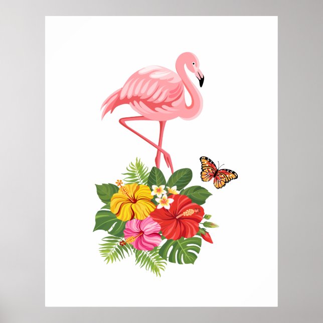 Poster Rico rosa Flamingo e Hibiscus Tropical (Frente)