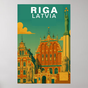 Poster Riga Antiga, Letônia Paisagem Urbana Báltica Retro