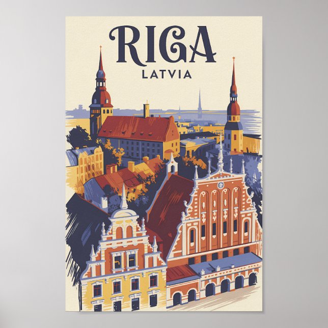 Poster Riga Latvia Illustration Travel Art Vintage (Frente)