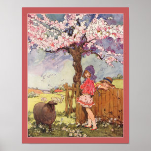 Poster Rima da Creche de 1916 Crianças e Ovelhas