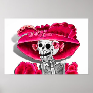 Poster Rindo de Mulher Esqueletrista em Cabana Vermelha