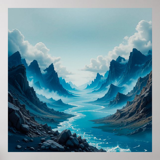 Poster Rio Azul Sereno Fluindo em Meio a Montanha Dramáti (Frente)