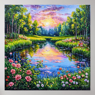Poster Rio com Paisagem de Flores em Flor Arte 🌅🌸🌿