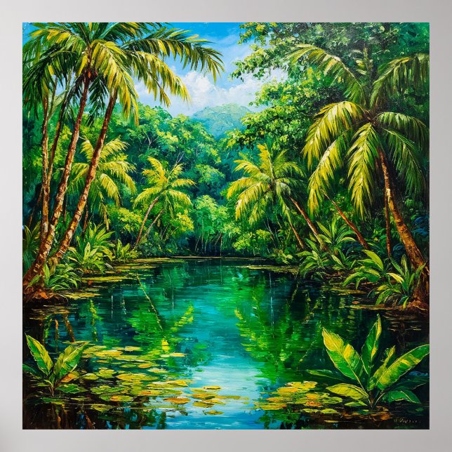 Poster Rio da selva tropical cercado por Lush Greenery (Frente)