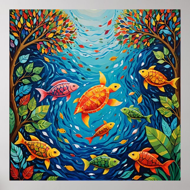 Poster Rio da Vida - Arte das Engordas com Peixes, Pássar (Frente)