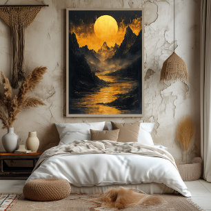 Poster Rio Dourado ao Luar em Monocromia Dourada