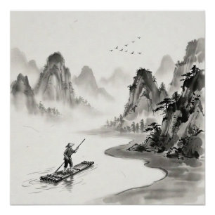 Pôster Rio Li China Paisagem a Tinta Lavada