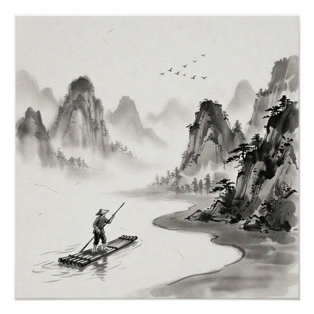 Pôster Rio Li China Paisagem a Tinta Lavada (Frente)