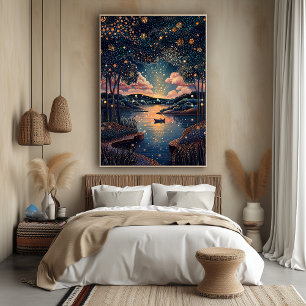 Poster Rio Noturno Estrelado em Estilo Pontilhista