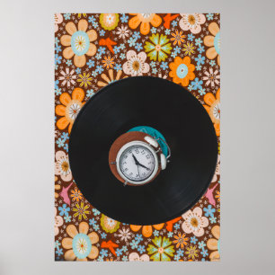 Poster Ritmo Groovy: Disco de Vinil e Relógio Despertador