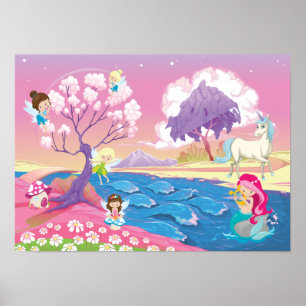 Poster Riverbank mágico com fadas unicórnio e sereia