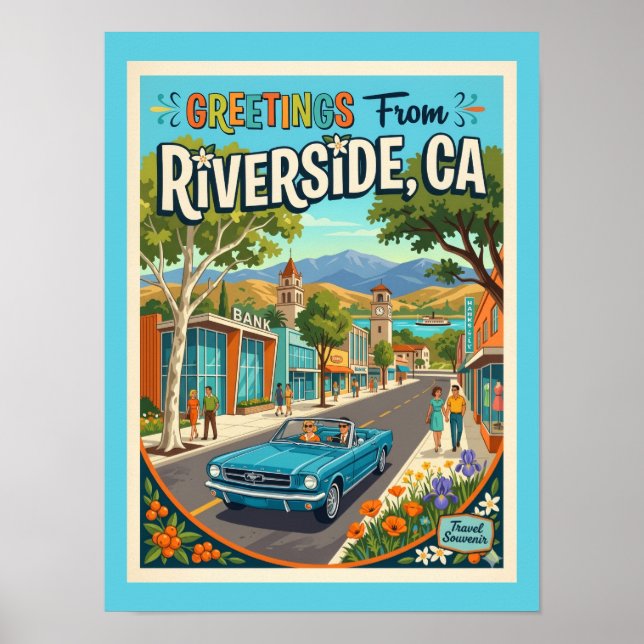 Poster Riverside Califórnia Saudações Estilo Retrô (Frente)