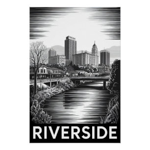 Pôster Riverside Califórnia Xilogravura Preto e Branco